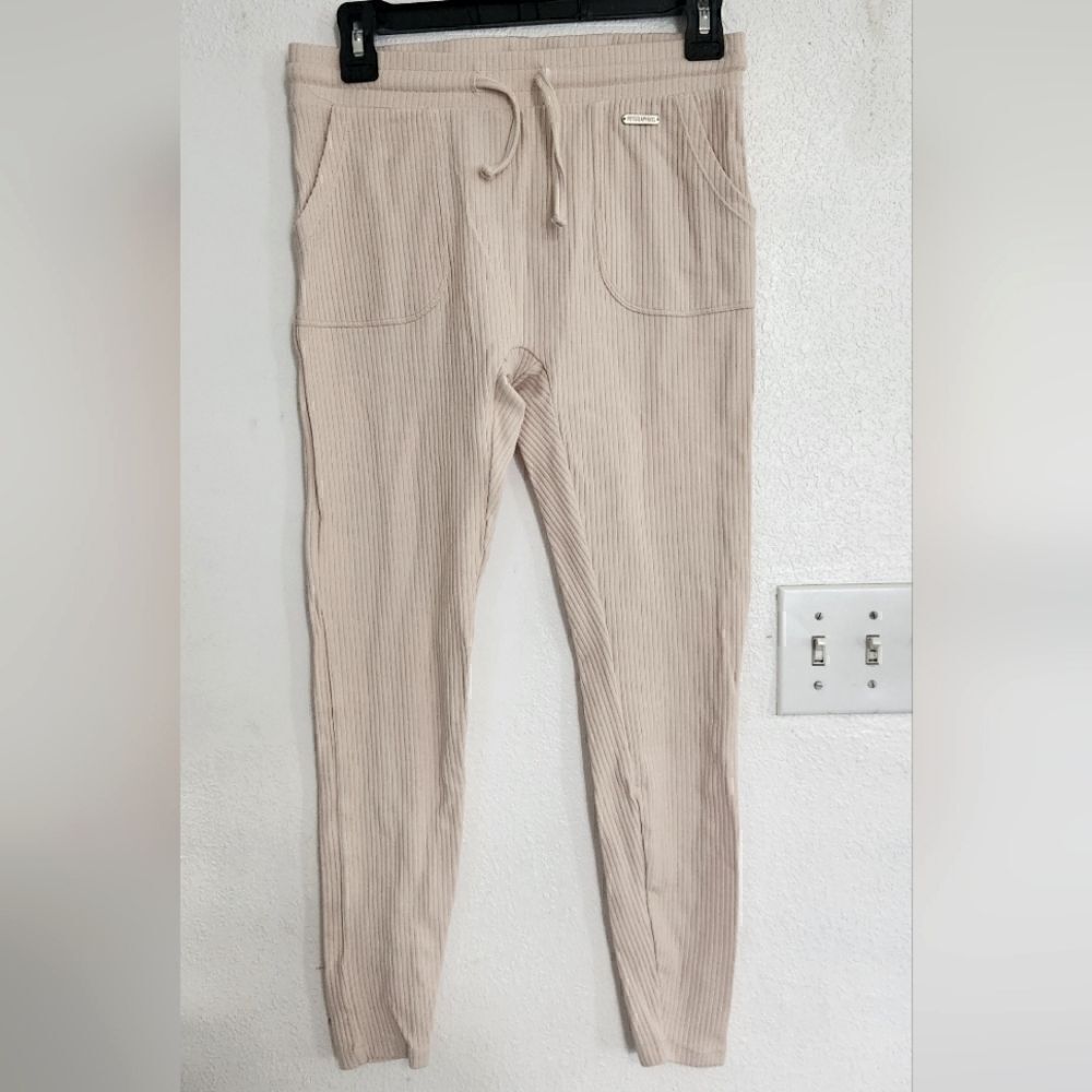 Physiq Apparel Ribbed Drawstring Pants in Cream Size Large